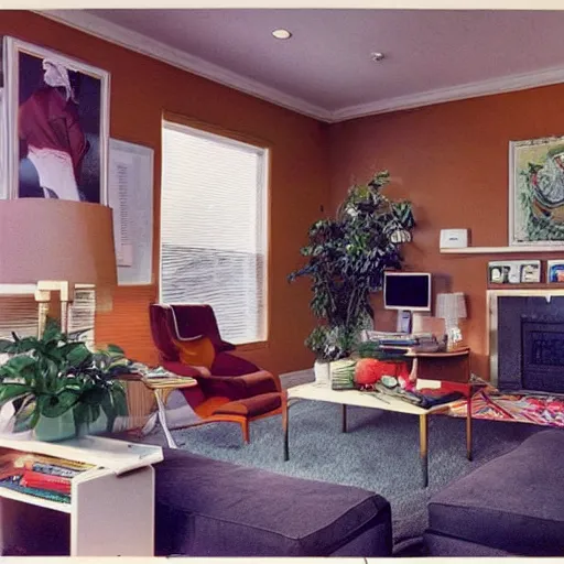 Prompt: a typical American living room from the 1980s