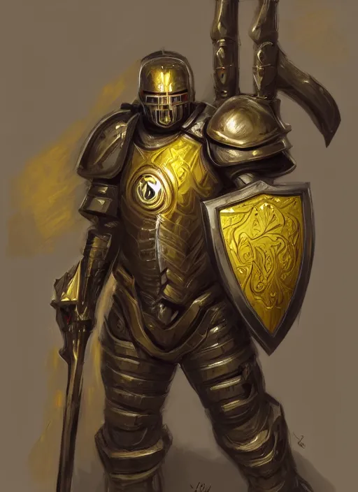 Prompt: dynamic portrait of a big eye warforged character in yellow armor holding a paladin engraved longsword and carrying a big shield, epic , trending on ArtStation, cinematic lighting, by Jesper Ejsing