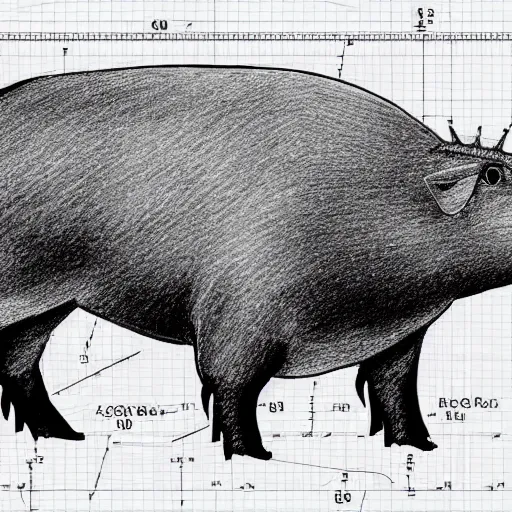 Prompt: walking pig wearing crown technical drawing