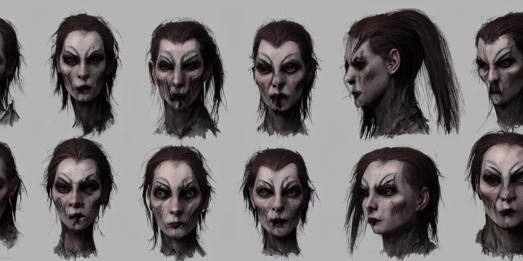 Image similar to gothic character face detail designs, Enki Bilal, Greg Rutkowski, character sheet, Darek Zabrocki, Karlkka, Jayison Devadas, Phuoc Quan, trending on Artstation, 8K, ultra wide angle, pincushion lens effect