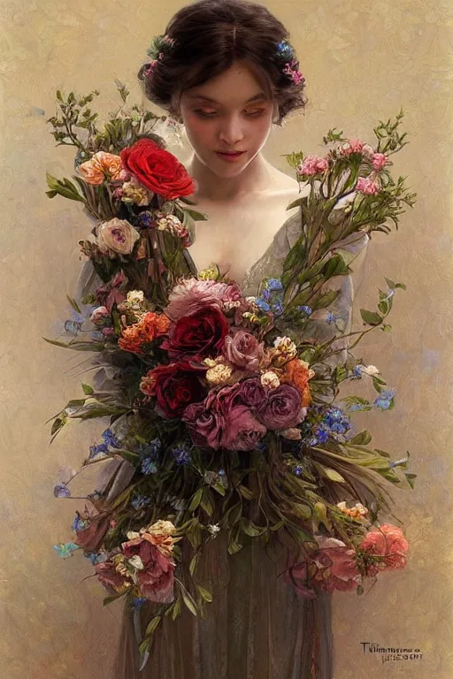 Image similar to portrait of a beautiful mysterious woman holding a bouquet of flowing flowers, hands hidden under the bouquet, fantasy, regal, intricate, by stanley artgerm lau, greg rutkowski, thomas kindkade, alphonse mucha, loish, norman rockwell