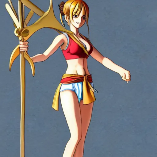 Image similar to A full body portrait of emma watson as Nami from one piece holding a trident in one hand, 3d, trending artstation, perfect faces