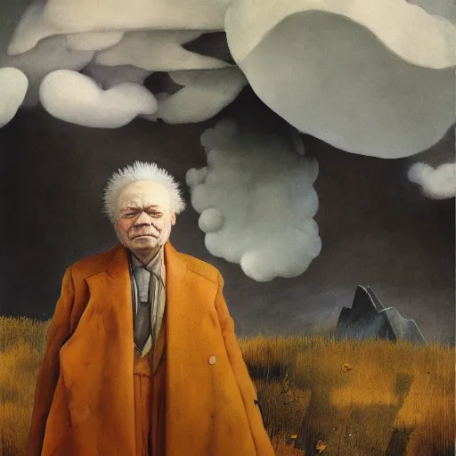 Prompt: Portrait of the Nimbus Cloud King wearing a poofy marshmallow coat whilst standing atop a cloud-covered mountain peak paul klee andrew wyeth edawrd hopper tom bagshaw stanton feng bastien lecouffe-deharme tombow oil painting