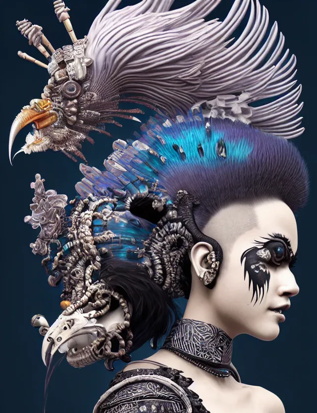 Image similar to 3 d goddess close - up profile portrait punk with mohawk with ram skull. beautiful intricately detailed japanese crow kitsune mask and clasical japanese kimono. betta fish, jellyfish phoenix, bio luminescent, plasma, ice, water, wind, creature, artwork by tooth wu and wlop and beeple and greg rutkowski