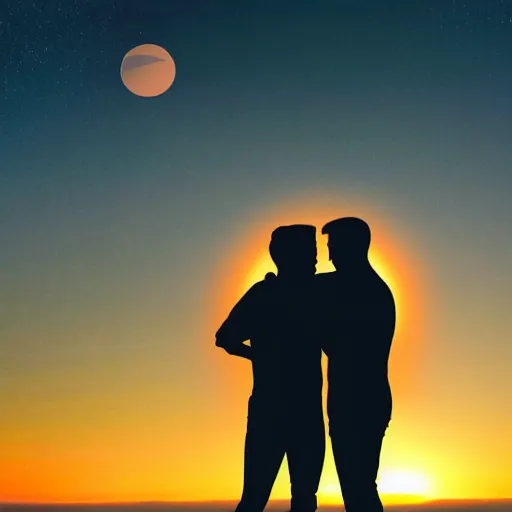 Image similar to silhouette of a gay couple looking at the sunrise from space