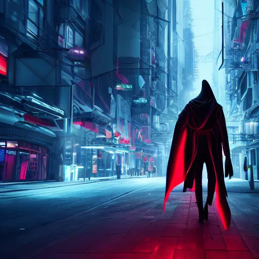 Image similar to photo of a grimm reaper walking in a futuristic city in a dystopian future made of electronic components and looks like a giant pcb board. Very detailed 8k. Unreal engine 5 render with nanite, global illumination and path tracing. Emphasize on the colors black and red.