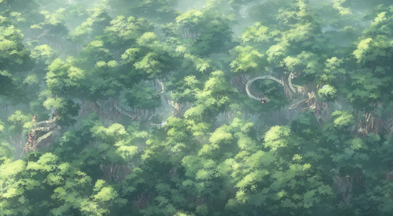 Image similar to aerial view of treetop canopy, by studio ghibli and greg rutkowski,