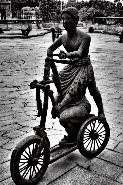 Image similar to photo of the ancient statue of biker on the tricycle, symmetrical, cinematic, real dlsr photography, sharp focus, 4 k, ultra hd, sense of awe, archeology journal cover