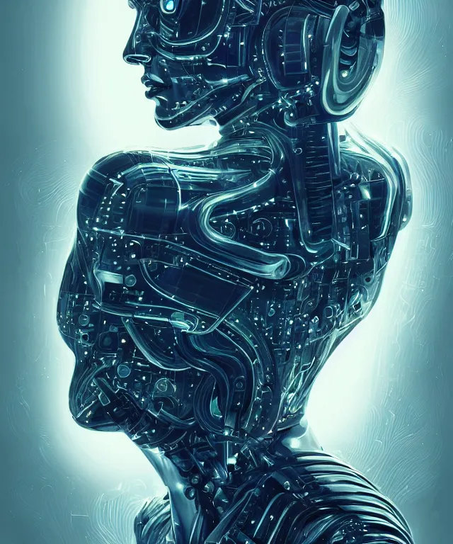 Image similar to a woman turning into an Android portrait wearing a part cybernetic body, surrealism , scifi, intricate, elegant, sharp eyebrows, ornate long flowing blonde hair, highly detailed cybernetic body, neon glowing eyes, digital painting, artstation, concept art, smooth, sharp focus, illustration, art by Artgerm and moebius and Peter Mohrbacher