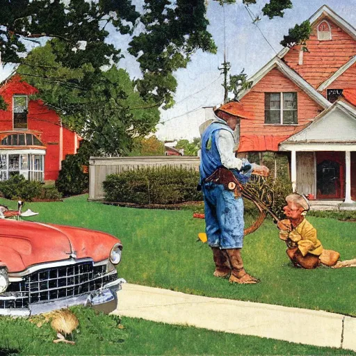 Image similar to A Norman Rockwell paining of a thrashy front yard that has an old broken down car in it, detailed