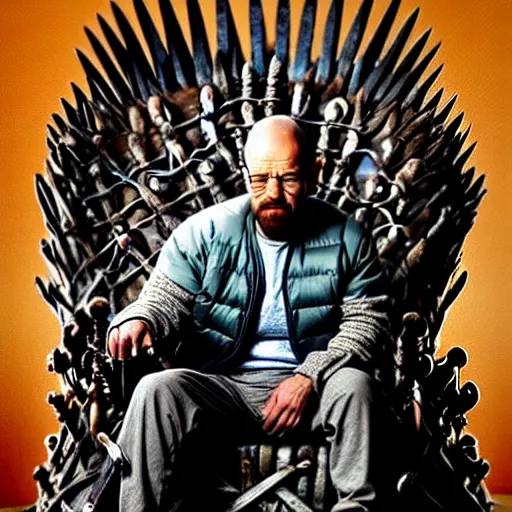 Image similar to “Intricate 4K photo of Walter White sitting on the Iron Throne from Game of Thrones, award-winning crisp details”