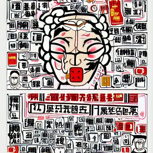 Image similar to chinese surgeons in surgery, in the style of daniel johnston and outsider art, 8 k, line brush, minimal, overlaid with chinese adverts
