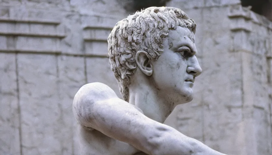 Prompt: 1 9 6 0 s movie still close - up of caligula in a white toga bleeding heavy on ancient amphitheater, cinestill 8 0 0 t 3 5 mm, high quality, heavy grain, high detail, dramatic light, anamorphic