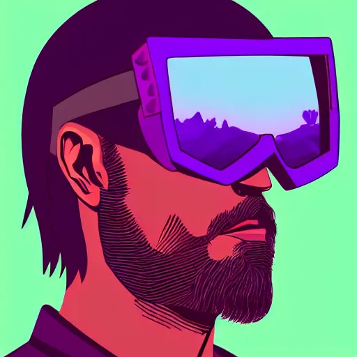 Image similar to 3 / 4 view closeup portrait of geralt of rivia with light blue shutter shades in front of a sunset, a dark purple leather jacket, vector art by jan tengnagel, pixabay contest winner, retrofuturism, retrowave, synthwave, outrun, portrait, synthwave