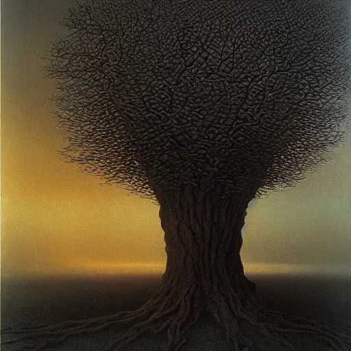 Prompt: a large tree on a plain lit on fire. by zdzisław beksinski.