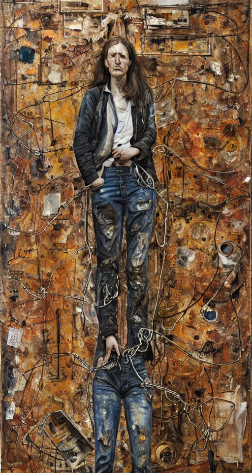 Image similar to a full length portrait of a very ordinary young woman with a sad expression, Anselm Kiefer and Lucian Freud and Jenny Saville, oil painting, rust, Scaffolding, rusted metal and sunflowers, iron cladding, decay, mixed media, textured, anatomically correct, beautiful perfect face, visible brushstrokes, sharp focus, twisted wire, Highly Detailed, photographic emulsion cracked and peeling, Cinematic Lighting, 8k, HD