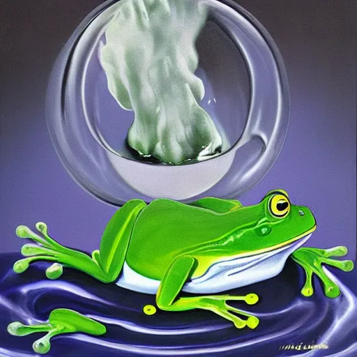 Image similar to a frog in a boiling pot of water, surrealist, absurdist painting