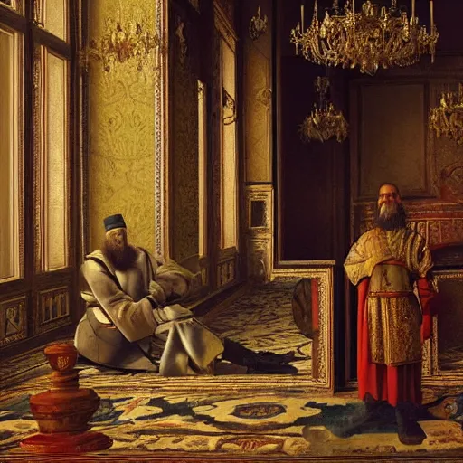 Prompt: Ivan the Terrible in his palace in Moscow is sneaking up on his son with an intention to kill him, wide angle, high detail, in style of Greg Rutkowski, width 768