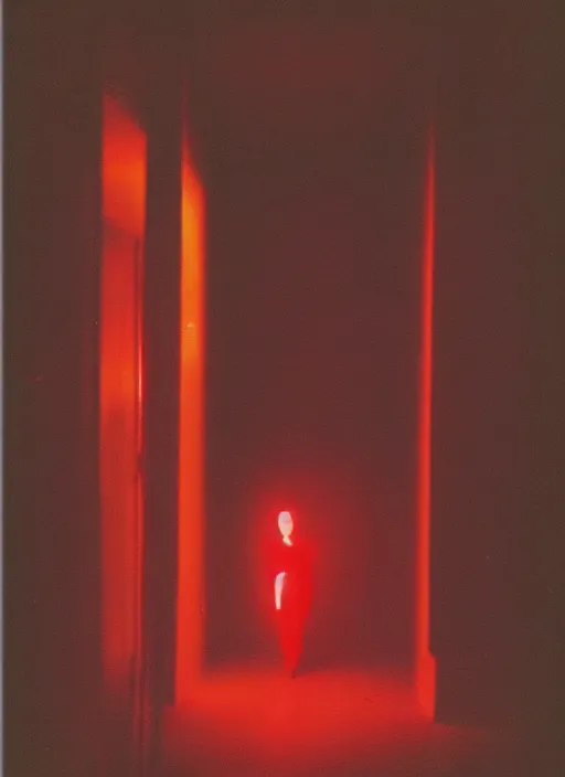 Image similar to a creepy neon silhouette hovers inside of a hall. liminal, cozy, dramatic soft color lighting ( 1 9 8 4 ). featured polaroid