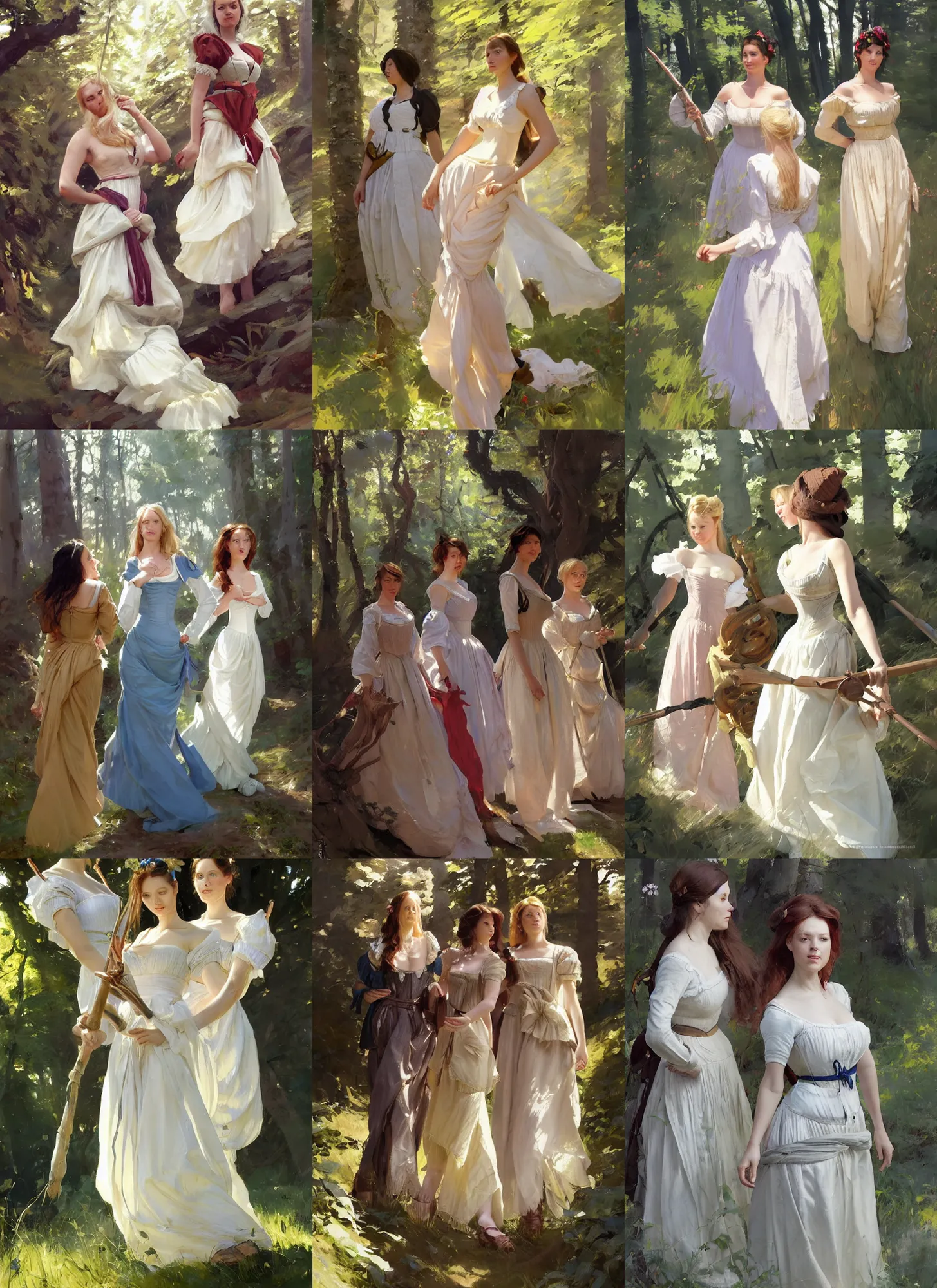 Prompt: three beautiful finnish norwegian swedish attractive glamour models wearing as village maidens in 1 7 th century bodice with low neckline walking in the woods in a sunny day, jodhpurs greg manchess painting by sargent and leyendecker, studio ghibli fantasy medium shot asymmetrical intricate elegant matte painting illustration hearthstone, by greg rutkowski by greg tocchini by james gilleard