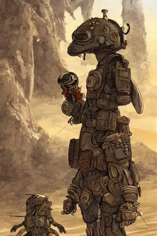 Image similar to anthropomorphic rodent with white and black ancestral ornate japanese tactical gear on an abandonment desert planet, high intricate details, long shot, rule of thirds, golden ratio, graphic novel by fiona staples and dustin nguyen, by beaststars and orange, peter elson, alan bean, studio ghibli, makoto shinkai