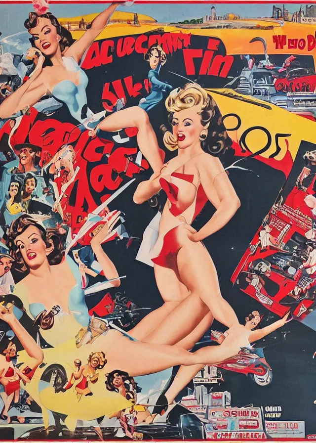 Prompt: a new attack of the 5 0 ft woman movie poster print, pin up, collage, canvas art print