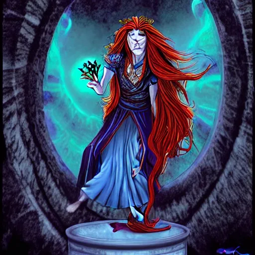 Image similar to The celestial warlock (a beautiful half elf with long red hair) clumsily knocks a single red rose from the top of a funerary urn, releasing an angry wraith from inside. The urn is on the floor, the rose is falling. Dramatic digital art illustration in comic book style by Simon Bisley