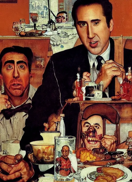 Image similar to full body and head portrait of nicholas cage looking confused about crazy evil in a restaurant, painted by norman rockwell and tom lovell and frank schoonover