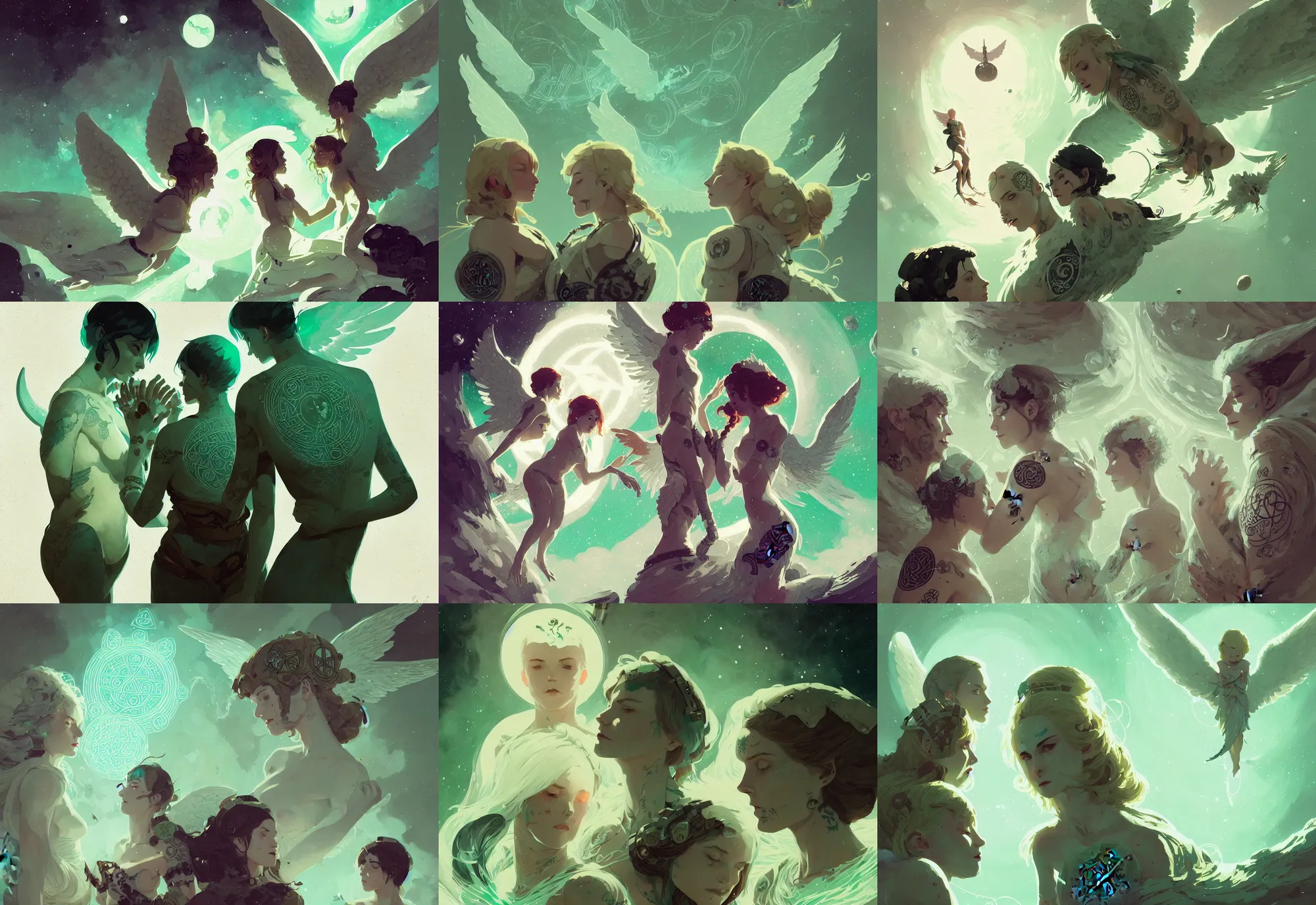 Prompt: two angels in space covered with celtic rune tattoos, fantasy, by atey ghailan, by greg rutkowski, by greg tocchini, by james gilleard, by joe gb fenton, by in kaethe butcher, dynamic lighting, gradient light green, brown, blonde cream and white color in scheme, grunge aesthetic