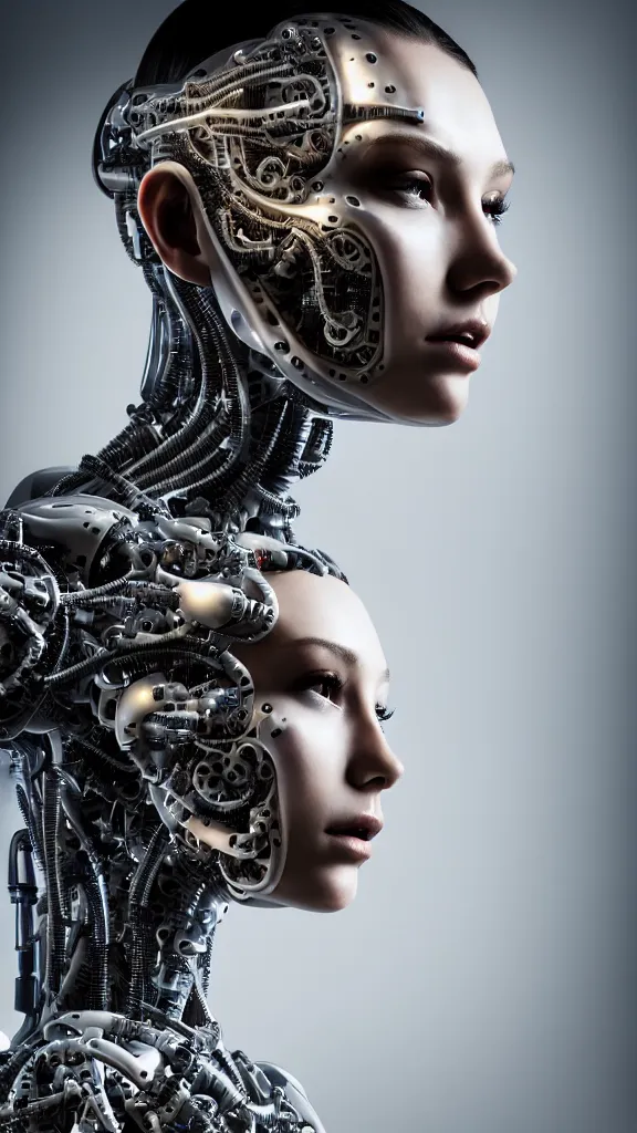 Image similar to a stunning young female cyborg profile face, face is made intricate tribal bio - mechanical, editorial photography, schlieren, depth of field, f / 2. 8, high contrast, 1 6 k, rays of shimmering light, volumetric lighting, shiny, insanely detailed and intricate, hypermaximalist, elegant, ornate, hyper realistic, super detailed