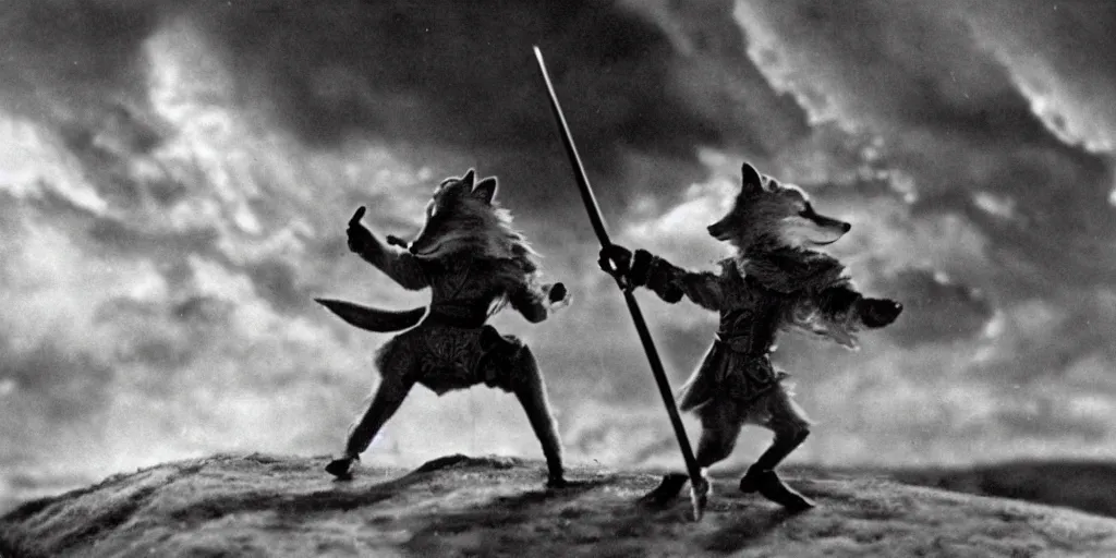 Image similar to anthropomorphic fox who is a medieval knight pointing a sword towards a stormy thundercloud 1 9 3 0 s film still