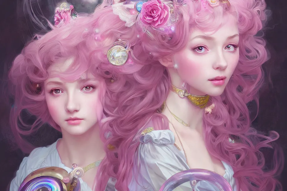 Image similar to dream portrait of magical lolita girl, dreamy and ethereal, expressive pose, big pink eyes, exciting expression, fantasy, intricate, elegant, many rainbow bubbles, rose tones, highly detailed, digital painting, artstation, concept art,cyberpunk wearing, smooth, sharp focus, illustration, art by artgerm and greg rutkowskiand alphonse mucha.