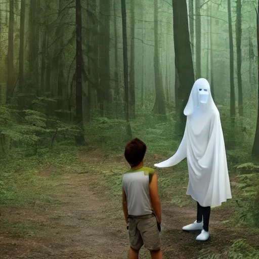 Image similar to a ethereal phantom talking with a kid in the middle of a dark forest