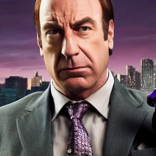 Prompt: saul goodman from better call saul as thanos in avengers : endgame. purple saul goodman, suit, thanos chin on saul goodman.
