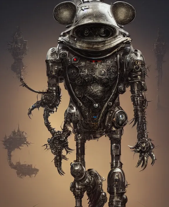 Image similar to a cybernetic mickey mouse with spiked armour, by hr giger and beksinski and stephan martiniere, 4 k resolution, detailed, 3 d render, unreal engine, octane render, trending on artstation