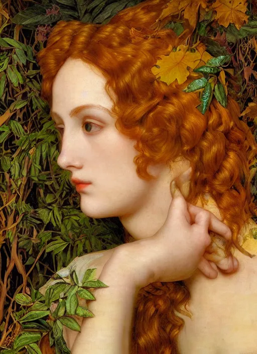 Image similar to masterpiece beautiful seductive flowing curves preraphaelite face portrait amongst leaves, extreme close up shot, straight bangs, thick set features, yellow ochre ornate medieval dress, raven, amongst foliage mushroom forest circle arch framing, frederic leighton and kilian eng and rosetti, 4 k