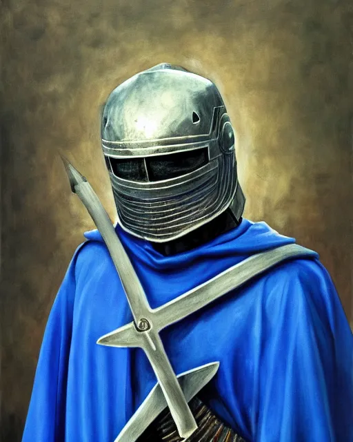 Image similar to a armored knight holding his sword, depression atmosphere, calm face, in blue cape, wild, daniel oxford, oil painting, master piece