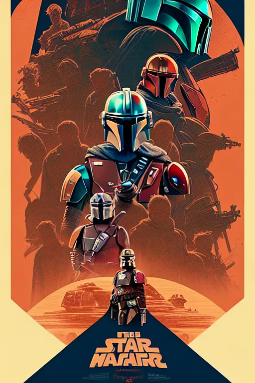 Prompt: poster of the the mandalorian, intricate, volumetric lighting, moebius, geof darrow, frank miller, dan mumford, detailed illustration, digital art, victo ngai, kilian eng, vector art