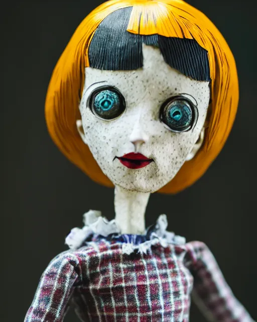 Image similar to a creepy paper mache doll of a coraline, realistic, very detailed, complex, intricate, studio lighting, bokeh, sigma 5 0 mm f 1. 4