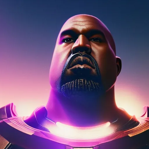 Prompt: Portrait of Kanye West as thanos, splash art, movie still, cinematic lighting, dramatic, octane render, long lens, shallow depth of field, bokeh, anamorphic lens flare, 8k, hyper detailed, 35mm film grain