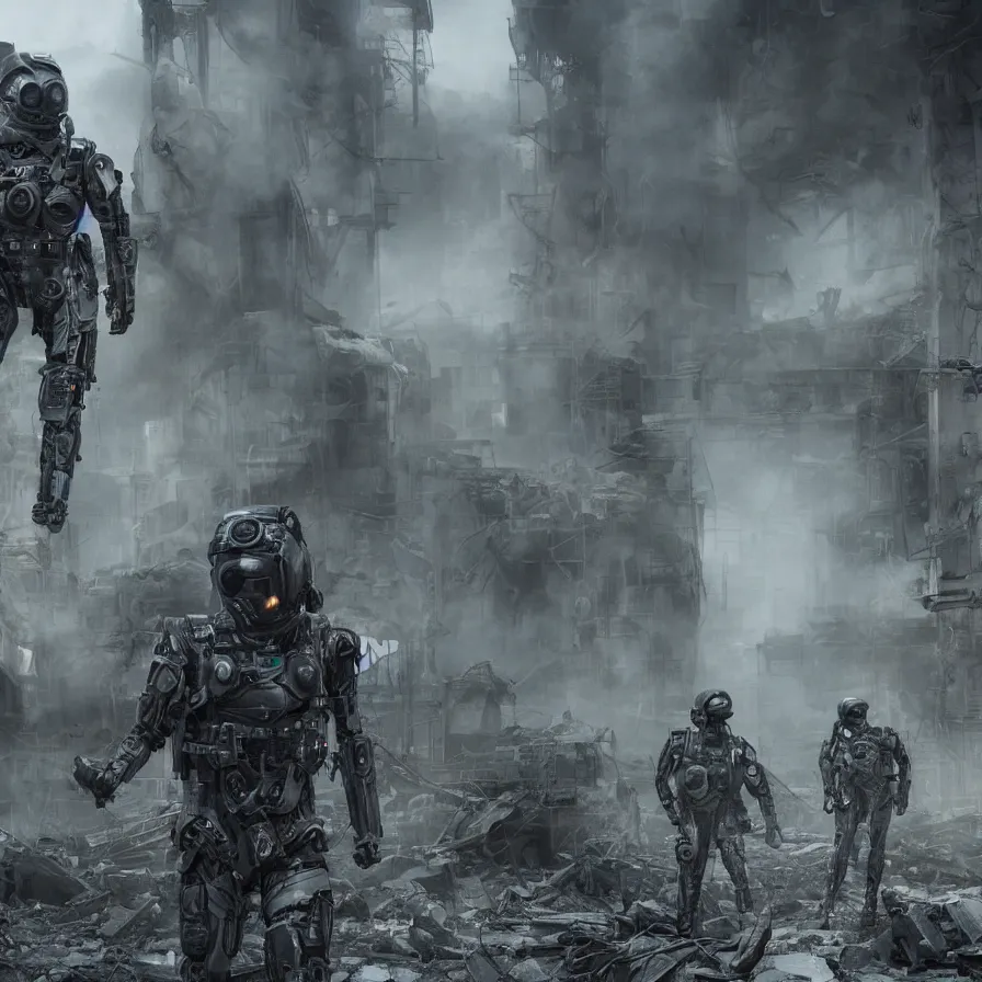 Prompt: 8 k hyperrealistic cinematic shot starset band in epic sci fi combat suits and helmets, standing in the streets, examining ruins, in an apocalyptic ruined distopian future city in an epic cinematic shot, brutalist buildings tower over with red haze, performing a music video, hyper ultra detailed, stunning realism, real scale