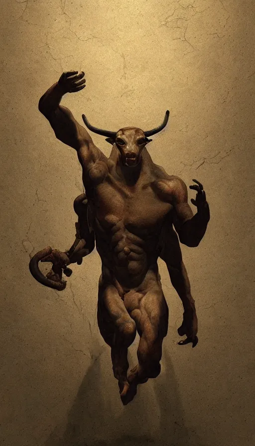 Image similar to Minotaur in a Maze, by Caravaggio, studio ghibli, cinematic lighting, intricate, highly detailed, digital painting, trending on artstation, Illustration, epic scale