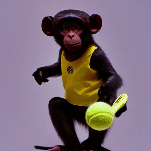 Prompt: monkey holding tennis racket, cinestill, 8 0 0 t, 3 5 mm, full - hd