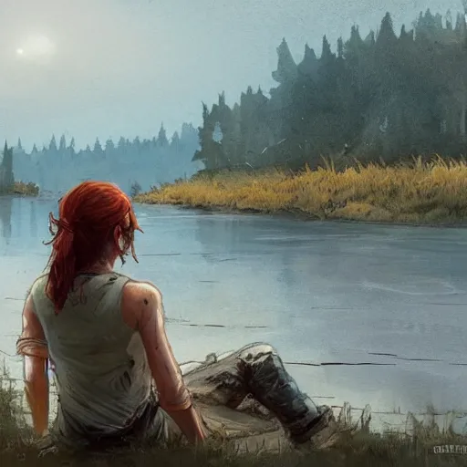 Image similar to clementine from the walking dead the last season sitting next to a river by greg rutkowski