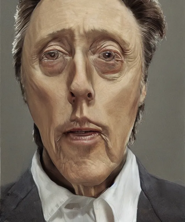 Prompt: photograph of christopher walken, enlarged facial features, by lucian freud, extra photorealistic details, ultra high quality, trending on pinteresst