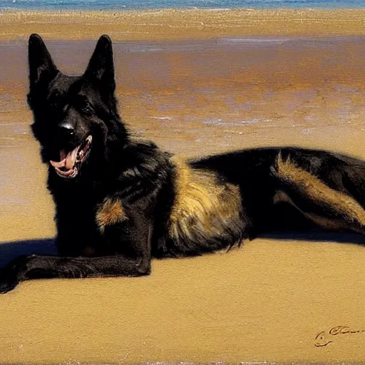 Image similar to a portrait of a black german shepard dogman canine lying at the beach in a swimsuit. highly detailed painting by gaston bussiere craig mullins jc