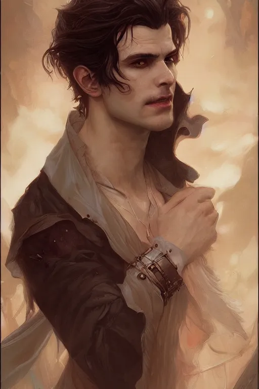 Image similar to up close portrait of a beautiful male vampire, d & d, face, fantasy, intricate, elegant, highly detailed, digital painting, artstation, concept art, smooth, sharp focus, illustration, art by artgerm and greg rutkowski and alphonse mucha