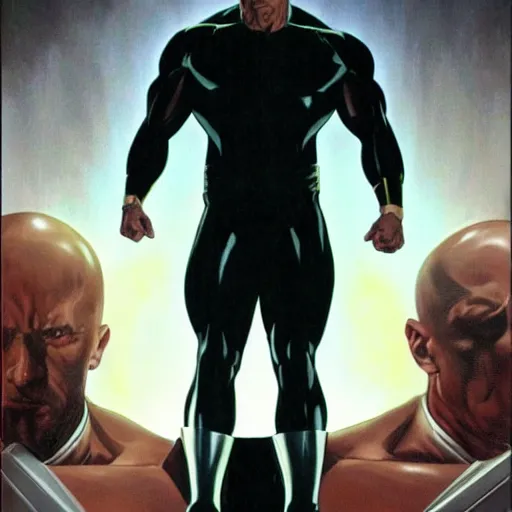 Prompt: dwayne johnson as professor x, graphic novel drawing by alex ross