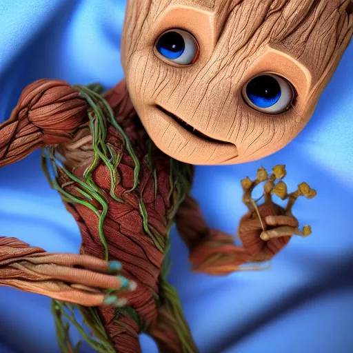 Image similar to Baby Groot is fast asleep and snuggled up in bed, cuddling a blue blanket, hyperdetailed, artstation, cgsociety, 8k