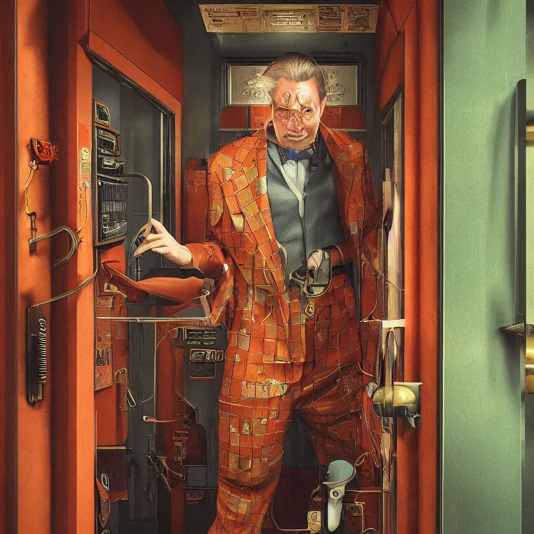 Prompt: professional octane render portrait by wayne barlow and carlo crivelli and glenn fabry, a sinister man in a bright colorful saturated wes anderson elevator operator costume inside a dark and moody vintage elevator in a high - end exotic vintage boutique hotel, very short depth of field